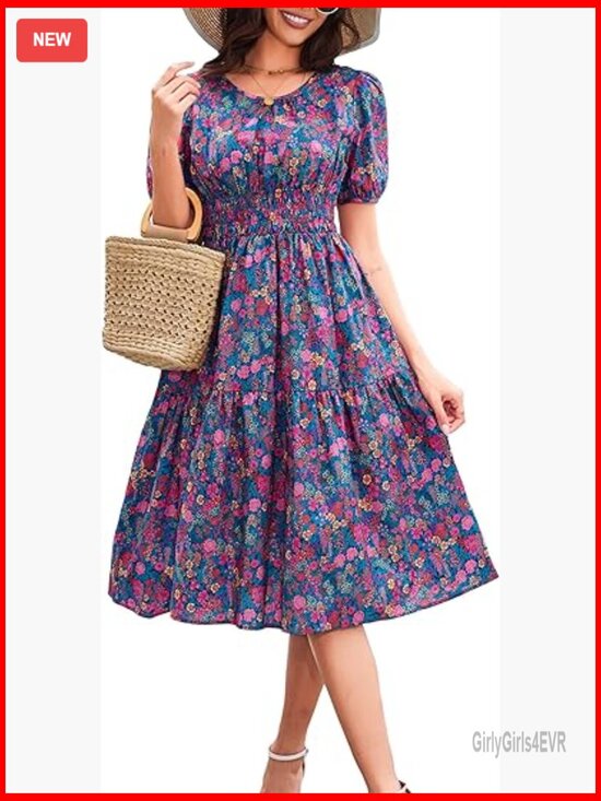 Dresses & Skirts - Women Summer Boho Floral Midi Dress Smocked Waist Tiered Flowy Swing